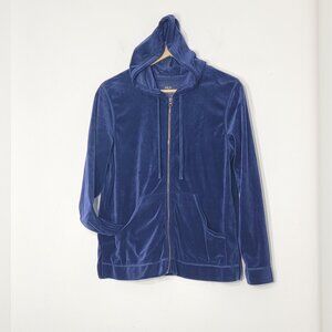 HUE Women's Navy Blue Soft Velour Pockets Comfy Zip Front Hooded Jacket Sz Small